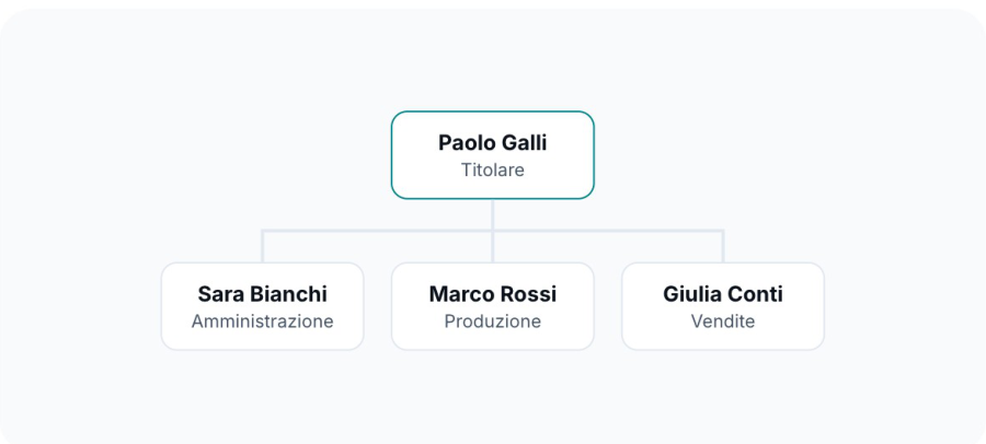 Organigramma con Paolo Galli e i responsabili di amministrazione, produzione e vendite